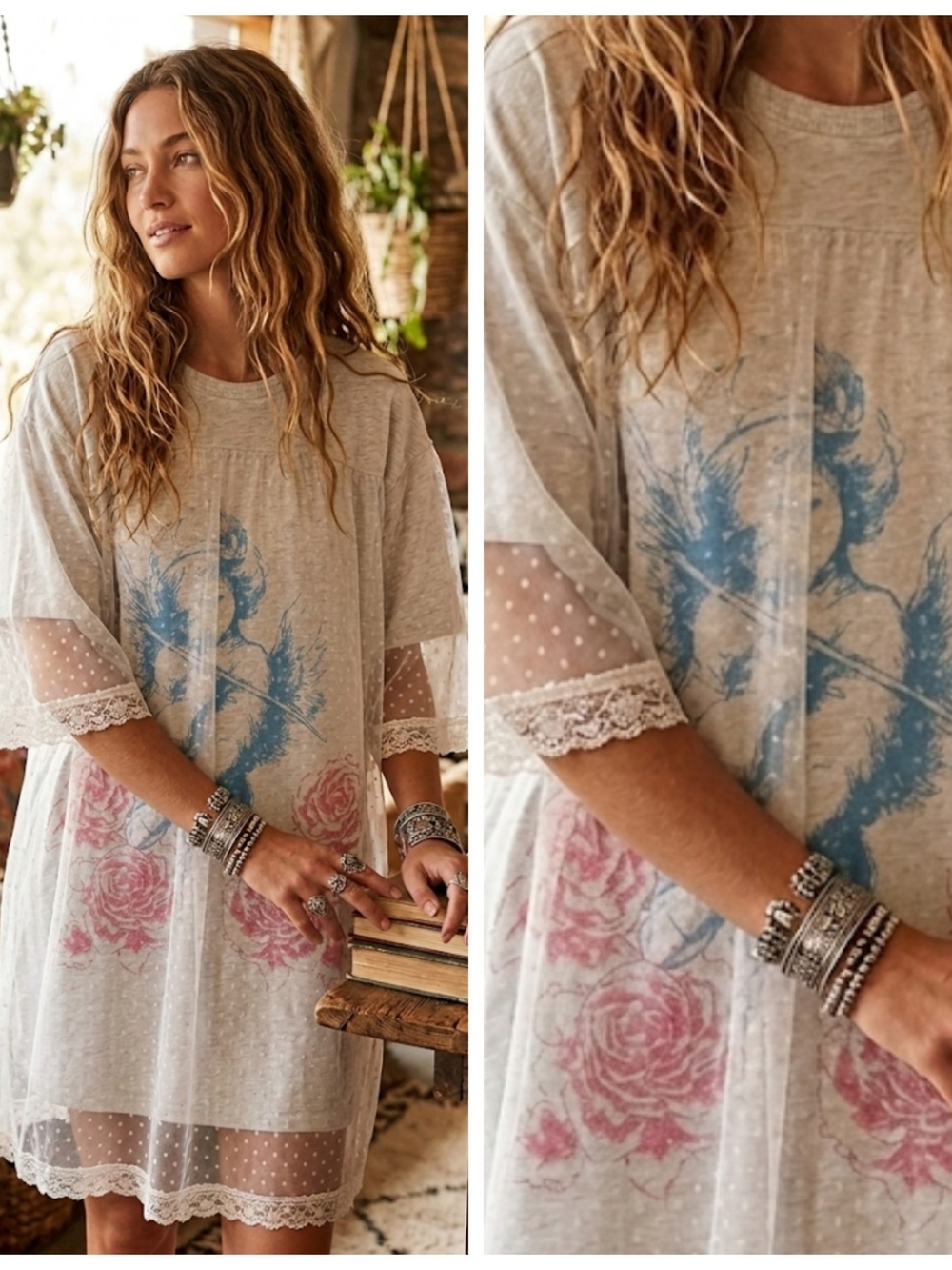 Boho Sheer Lace-Trim Floral Graphic Tunic Top/Dress - Light Heather